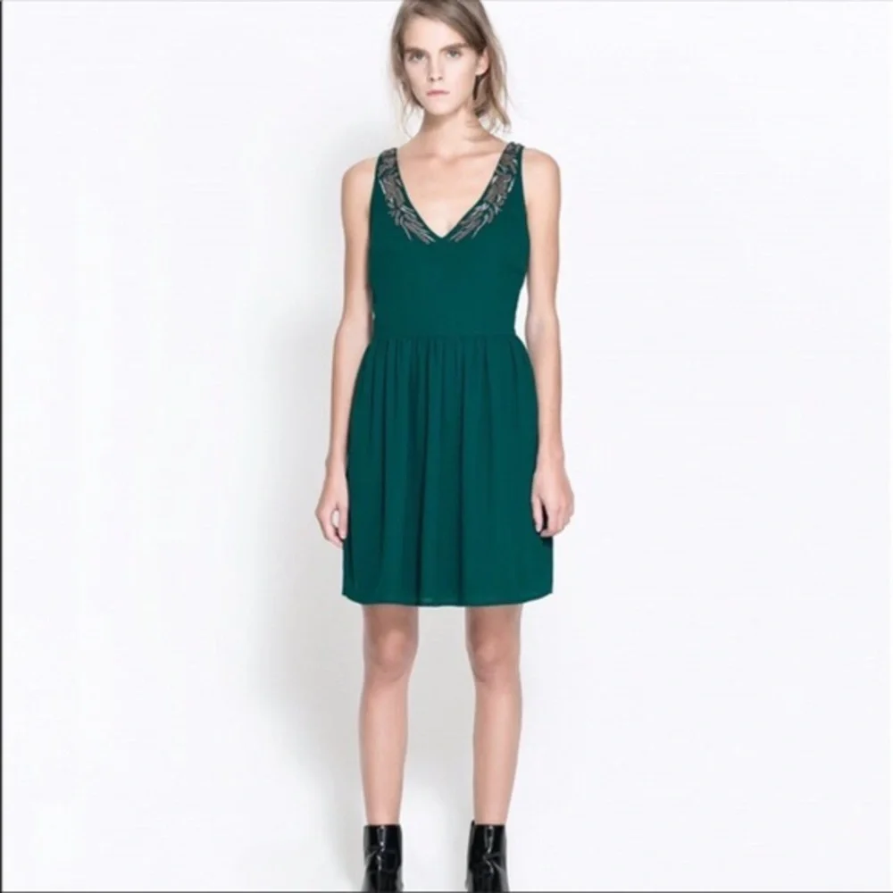 Women’s Zara Trafaluc Emerald Green Beaded Embroidered Midi Dress size S - Picture 14 of 14